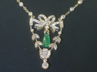 アールデコネックレス|約1ctローズカットダイヤ&約0.75ctエメラルド (鑑定書付)【商品番号3361】