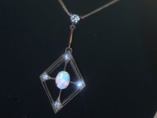 ビクトリアンネックレス|約1ctオールドヨーロピアンカットダイヤ&約1.5ctオパール (鑑定書付)【商品番号4702】