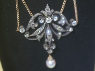 ビクトリアンネックレス|約2.5ctオールドヨーロピアンカットダイヤ&天然真珠(鑑定書付) 【商品番号4616】