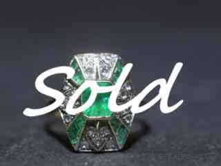 アールデコ約1.5CTカリブレカットエメラルド&約0.4CTローズカットダイヤリング(鑑定書付)【ra86】