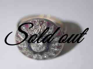 アールデコ55石約1.5CTオールドマイン&ローズカットダイヤモンド&約1CTルビー&約0.45CTオニキスカクテルリング(鑑定書付)【ra143】