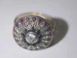 アールデコ55石約1.5CTオールドマイン&ローズカットダイヤモンド&約1CTルビー&約0.45CTオニキスカクテルリング(鑑定書付)【ra143】