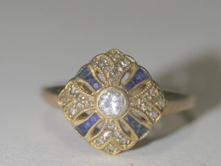 アールデコ約0.3ctカリブレカットサファイア&約0.5ctオールドヨーロピアンカットダイヤリング【ra149】