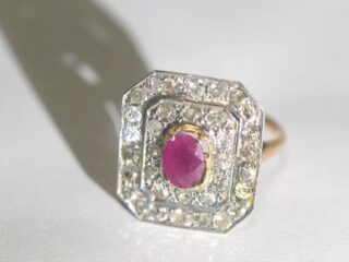 アールデコ34石約1.2ctのオールドマインカットダイヤ&1CTルビーリング(鑑定書付)【ra155】