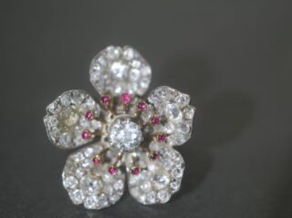 アールヌーヴォー約5ct109石オールドマインカットダイヤ＆カボションルビーお花のリング(鑑定書付)【ra153】