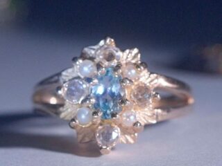 アクアマリン約0.75ct&0.3ctローズカットダイア&パール英刻印アールデコリング【ra200】